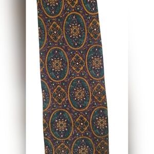 Bill Blass 100% Silk Tie 3.75” Wide Purple Teal Gold Medallion Vintage 90s